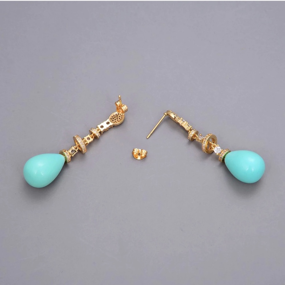 IRIS APFEL Teal Dangle Sea Blue Aquamarine Natural Stone Drop Long Earrings - Picture 6 of 13